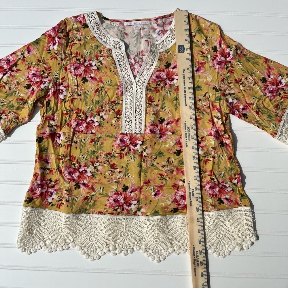 STELLA + GINGER Floral Lace Trim Boho Blouse Size M NWT Mustard Pink Cottagecore - Picture 4 of 6